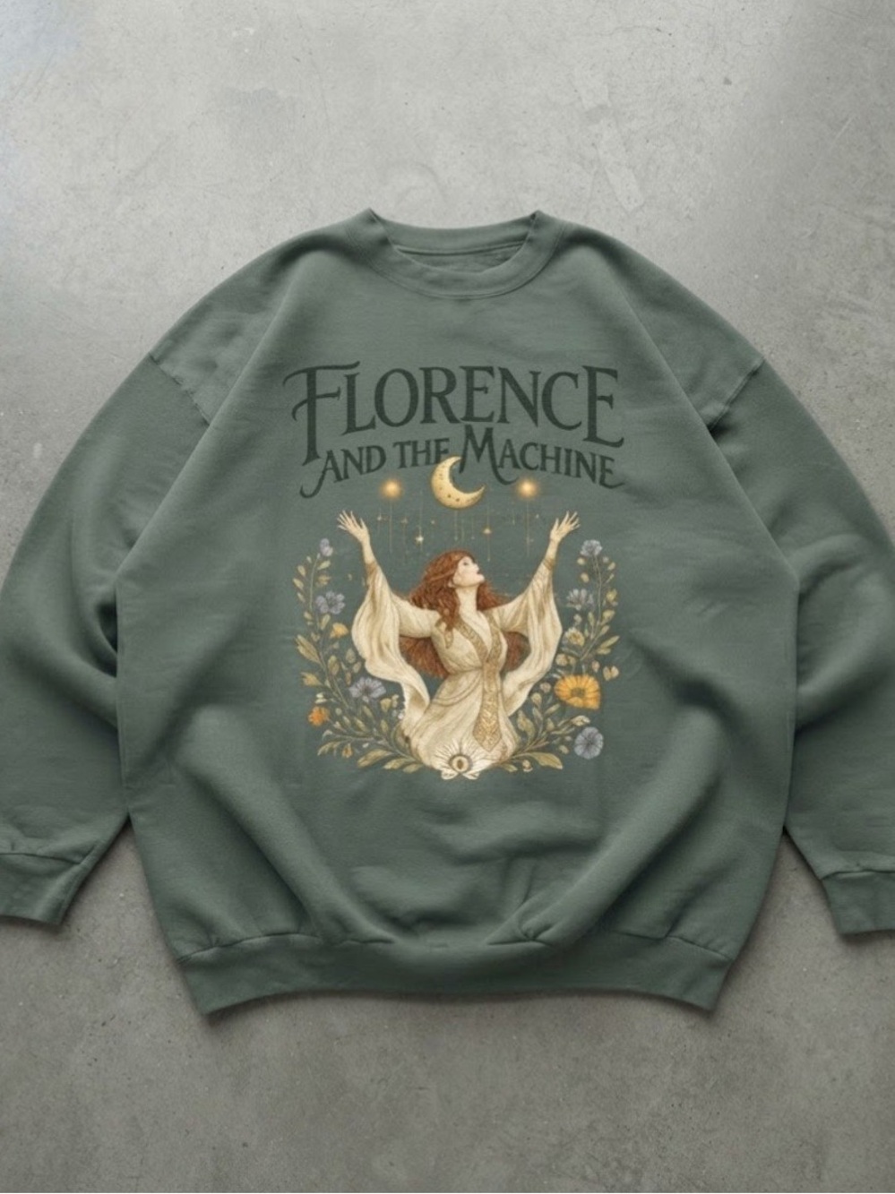 Indie Music Goddess Celestial Moon Sage Green Cotton Gildan Sweatshirt